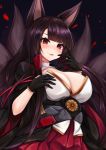  1girl absurdres akagi_(azur_lane) animal_ears azur_lane bangs black_gloves black_hair blush breasts chrysanthemum cleavage commentary eyebrows_visible_through_hair eyeshadow fang flower fox_ears fox_tail gloves hair_ornament hakama_skirt hand_up haori highres japanese_clothes kitsune large_breasts long_hair looking_at_viewer makeup multiple_tails nontraditional_miko obi parted_lips partly_fingerless_gloves red_eyes red_skirt ryara_vivi sash skirt smile solo tail upper_body wide_sleeves 