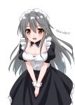  1girl :d alternate_costume bangs black_dress blush breasts brown_eyes dress enmaided eyebrows_visible_through_hair grey_hair hair_between_eyes hair_ornament hairclip hands_together haruna_(kantai_collection) hoshino_kagari kantai_collection long_hair looking_at_viewer maid maid_headdress open_mouth own_hands_together puffy_short_sleeves puffy_sleeves short_sleeves simple_background small_breasts smile solo twitter_username very_long_hair white_background wrist_cuffs 