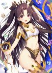  1girl :d aozora_nan bangs black_hair black_ribbon blush breasts cleavage commentary_request earrings eyebrows_visible_through_hair fate/grand_order fate_(series) groin hair_between_eyes hair_ribbon heavenly_boat_maanna highres holding holding_sword holding_weapon hoop_earrings ishtar_(fate/grand_order) jewelry long_hair looking_at_viewer navel open_mouth parted_bangs red_eyes ribbon small_breasts smile solo sword tiara two_side_up very_long_hair weapon white_background 