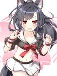  1girl :d animal_ear_fluff animal_ears azur_lane black_bra black_hair black_shirt bra breasts claw_pose collarbone commentary_request cowboy_shot crop_top fang gudon_(iukhzl) long_hair looking_at_viewer medium_breasts midriff miniskirt nail_polish navel open_mouth ponytail red_eyes red_nails red_ribbon ribbon sailor_collar shigure_(azur_lane) shirt short_sleeves skirt smile solo sweatband tail underwear v-shaped_eyebrows white_skirt wolf_ears wolf_girl wolf_tail 