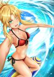  1girl :d absurdres akizuki_(mizudorif) bikini blonde_hair blush breasts commentary_request day fate/grand_order fate_(series) front-tie_bikini front-tie_top green_eyes hair_ornament hair_scrunchie highres huge_filesize looking_at_viewer mordred_(fate)_(all) mordred_(swimsuit_rider)_(fate) ocean one_eye_closed open_mouth ponytail prydwen red_bikini red_scrunchie scrunchie side-tie_bikini sidelocks small_breasts smile solo surfboard swimsuit waves 