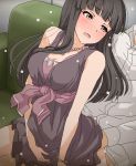  1boy 1girl bangs bare_shoulders black_dress black_hair blunt_bangs blush bottomless bracelet breasts brown_eyes cleavage clothed_sex couch dress eyebrows_visible_through_hair faceless faceless_male flying_sweatdrops girl_on_top hands_on_lap hetero idolmaster idolmaster_cinderella_girls indoors jewelry kurokawa_chiaki long_hair looking_at_another medium_breasts necklace open_mouth pearl_necklace reverse_upright_straddle sex shirt sitting sitting_on_lap sitting_on_person sleeveless sleeveless_dress solo_focus spread_legs straddling sweat tomu_(tomubobu) white_shirt 