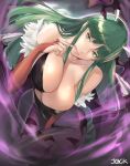  1girl :q animal_print artist_name bare_shoulders bat_print breasts cleavage collarbone green_eyes green_hair head_wings highres j@ck large_breasts long_hair morrigan_aensland pantyhose purple_legwear solo tongue tongue_out vampire_(game) 