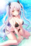  1girl :p anchor_symbol azur_lane bangs bikini black_bikini black_choker blush breasts brown_eyes choker cross cross_earrings day earrings eyebrows_visible_through_hair flag_print german_flag_bikini glint izumi_akane jewelry large_breasts long_hair looking_at_viewer multicolored_hair navel outdoors prinz_eugen_(azur_lane) prinz_eugen_(unfading_smile)_(azur_lane) ribbon side-tie_bikini silver_hair sitting solo streaked_hair swimsuit thigh_strap thighs tongue tongue_out two_side_up very_long_hair wariza wet 