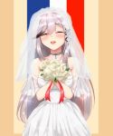  1girl :d ^_^ absurdres azur_lane bangs bare_shoulders black_hair blush bouquet breasts bridal_veil closed_eyes dress dunkerque_(azur_lane) eyebrows_visible_through_hair facing_viewer flower french_flag gradient_hair grey_choker grey_hair hair_ornament highres holding holding_bouquet kimofest large_breasts long_hair multicolored_hair open_mouth sapphire_(gemstone) sidelocks sleeveless sleeveless_dress smile solo standing swept_bangs tearing_up tears upper_body veil wedding_dress white_dress 