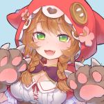  13o 1girl :3 :d bangs blue_background blush braid breasts brown_hair buttons cleavage fang gloves green_eyes hair_between_eyes hair_ribbon highres hood hood_up large_breasts long_hair looking_at_viewer nijisanji open_mouth paw_gloves paws ribbon shirt simple_background sketch smile solo twin_braids upper_body virtual_youtuber warabeda_meijii white_shirt 