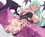  1girl akira_(coffee_curry) animal_print bare_shoulders bat_print bat_wings blush breasts bridal_gauntlets censored demon_girl elbow_gloves female_ejaculation gloves green_eyes green_hair head_wings heart_cutout large_breasts leotard long_hair looking_at_viewer morrigan_aensland open_mouth orgasm pantyhose print_legwear pussy pussy_juice saliva solo spread_legs spread_pussy succubus sweat torn_clothes torn_legwear vampire_(game) wings 