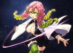  1girl bangs black_skirt blush breasts center_opening commentary_request cowboy_shot gradient_hair green_eyes green_hair green_legwear haori holding holding_sword holding_weapon jacket japanese_clothes kanroji_mitsuri katana kimetsu_no_yaiba long_hair long_sleeves mole mole_under_eye multicolored_hair pink_hair sakanahen skirt solo striped striped_legwear sword thighhighs tri_braids vertical-striped_legwear vertical_stripes weapon white_jacket 