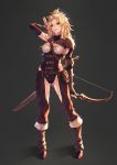  1girl armor ass_visible_through_thighs bangs between_breasts blonde_hair boots bow_(weapon) breasts brown_footwear brown_gloves buckle chaps elf facial_scar fingerless_gloves full_body gloves green_eyes grin highres holding holding_bow_(weapon) holding_weapon leather_armor leotard long_hair looking_at_viewer medium_breasts mordred_(fate)_(all) mugetsu2501 original parted_bangs pointy_ears pouch scar scar_on_cheek shoulder_armor sidelocks single_elbow_pad smile solo standing strap_between_breasts weapon 
