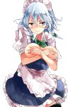  1girl apron bangs black_legwear blue_dress blue_eyes blush bow bowtie braid breasts breasts_outside commentary_request covering covering_breasts cowboy_shot deetamu dress frilled_apron frills garter_straps green_bow hair_between_eyes hair_bow highres izayoi_sakuya looking_at_viewer maid maid_apron maid_headdress medium_breasts nose_blush petticoat puffy_short_sleeves puffy_sleeves shirt short_dress short_hair short_sleeves silver_hair simple_background smile solo standing thighhighs touhou twin_braids waist_apron white_apron white_background white_shirt wing_collar 