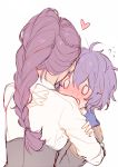  0_0 2girls ahoge bernadetta_von_varley blush braid braided_ponytail fire_emblem fire_emblem:_three_houses flying_sweatdrops from_behind full-face_blush garreg_mach_monastery_uniform hand_on_another&#039;s_arm heart hug kvlen long_hair long_sleeves multiple_girls open_mouth petra_macneary ponytail purple_hair short_hair simple_background sweat uniform white_background yuri 