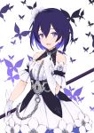  1girl :d asymmetrical_gloves bangs black_hair bug butterfly chain collarbone commentary_request detached_sleeves dress elbow_gloves eyebrows_visible_through_hair flower gloves hair_between_eyes hair_flower hair_ornament highres holding honkai_(series) honkai_impact_3rd insect jilu keyhole looking_at_viewer multicolored_hair open_mouth puffy_short_sleeves puffy_sleeves purple_eyes purple_hair seele_vollerei short_sleeves simple_background single_elbow_glove sleeveless sleeveless_dress smile solo two-tone_hair white_background white_dress white_flower white_gloves white_sleeves 