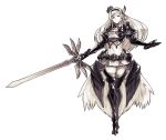  1girl armor braid breasts crown gauntlets greaves hair_ornament holding holding_sword holding_weapon large_breasts long_hair navel pauldrons princess_battle_royale simple_background skirt smile standing sword thighhighs tsuyoshi_takaki weapon white_background zettai_ryouiki 