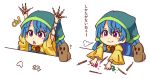  1girl =3 =_= ? arms_up bangs blue_hair blush_stickers bongo_cat chibi chisel commentary dress english_commentary eyebrows_visible_through_hair hair_between_eyes haniwa_(statue) haniyasushin_keiki head_scarf holding jewelry long_hair long_sleeves magatama magatama_necklace meme multiple_views necklace open_mouth purple_eyes smile sweat touhou translated upper_body wide_sleeves wool_(miwol) yellow_dress 