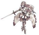  1girl armor bare_shoulders belt belt_buckle black_legwear breasts buckle cleavage dress earrings gauntlets greaves holding holding_sword holding_weapon jewelry knight large_breasts long_hair monochrome oversized_clothes ponytail princess_battle_royale shoes smile sword tiara tied_hair tsuyoshi_takaki weapon winged_shoes 