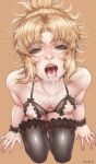  1girl after_fellatio after_sex black_bra black_legwear blonde_hair bra breasts breasts_apart cum cum_in_mouth cum_on_body cum_on_breasts cum_on_tongue cum_on_upper_body cupless_bra eyelashes facial fangs fate/apocrypha fate/grand_order fate_(series) from_above garters green_eyes highres kneeling kuon_(kwonchanji) lace lace_bra legs_together lingerie lips looking_at_viewer medium_breasts medium_hair messy_hair mordred_(fate) mordred_(fate)_(all) nippleless_clothes nipples nose open_mouth solo thighhighs tongue tongue_out uncensored underwear wristband 