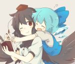  2girls bird_wings black_hair black_neckwear blue_dress blue_hair blush_stickers bow bowtie cirno closed_eyes commentary_request dress eyebrows_visible_through_hair fang feathered_wings fountain_pen grey_background hair_between_eyes hair_bow hat heart holding holding_pen hug hug_from_behind kototoki leaning_on_person looking_at_viewer multiple_girls notebook one_eye_closed open_mouth outstretched_arms pen pinafore_dress puffy_short_sleeves puffy_sleeves red_eyes red_headwear shameimaru_aya shirt short_hair short_sleeves simple_background smile tokin_hat touhou upper_body white_shirt wings yuri 