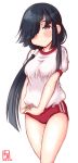  1girl alternate_costume artist_logo black_hair blush breasts buruma dated hair_over_one_eye hair_ribbon hayashimo_(kantai_collection) highres kanon_(kurogane_knights) kantai_collection large_breasts long_hair looking_at_viewer red_buruma red_eyes ribbon short_shorts short_sleeves shorts signature simple_background smile solo sportswear very_long_hair white_background 