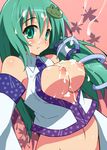  9law bottomless breasts cum cum_on_body cum_on_breasts cum_on_upper_body detached_sleeves facial frog green_eyes green_hair hair_ornament kochiya_sanae large_breasts long_hair nipples snake solo touhou 