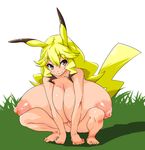  :3 animal_ears breasts brown_hair cleavage crouching curly_hair gigantic_breasts huge_breasts long_hair nekomamire nipples nude personification pikachu pokemon puffy_nipples pussy smile squatting tail uncensored 