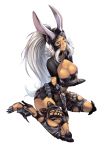  1girl animal_ears black_nails breasts brown_eyes bunny_ears cleavage dark_skin final_fantasy final_fantasy_xii fran gauntlets greaves helmet highres homare_(fool&#039;s_art) long_hair looking_at_viewer nail_polish parted_lips ponytail simple_background sitting solo very_long_hair viera wariza white_background white_hair 