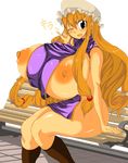  areola areolae bench blonde_hair blush breasts curvy female gigantic_breasts hat hips long_hair nipples nira open_mouth shiny shiny_skin sitting thick_thighs thighs touhou very_long_hair wide_hips wink yakumo_yukari 