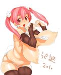  bad_id bad_pixiv_id bouncing_breasts breasts bunny_tail fat highres huge_breasts large_breasts long_hair necktie nipples pink_hair puffy_nipples red_eyes solo sweat tail thighhighs topless twintails yawara_(feedme) 