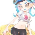 1girl :d bike_shorts black_shorts blue_hair blush breasts cameltoe collarbone cowboy_shot fang female goggles goggles_on_head holding holding_innertube innertube jtveemo long_hair looking_at_viewer midriff navel nintendo octarian octoling open_mouth shirt short_sleeves shorts silver_eyes simple_background small_breasts smile solo splatoon splatoon_(series) splatoon_2 stomach suction_cups t-shirt tentacle_hair tied_shirt white_background white_shirt yellow_innertube 