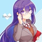  1girl bangs bespectacled book commentary doki_doki_literature_club english_commentary eyebrows_visible_through_hair eyes_visible_through_hair glasses grey_jacket hair_between_eyes hair_ornament hairclip holding holding_book jacket long_hair long_sleeves looking_at_viewer nan_(gokurou) parted_lips purple_eyes purple_hair school_uniform shirt simple_background solo twitter_username upper_body white-framed_eyewear white_shirt wing_collar yuri_(doki_doki_literature_club) 