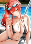  1girl azur_lane bangs bare_shoulders bikini black_bikini blush breasts cleavage closed_mouth collarbone goggles goggles_on_head hair_between_eyes large_breasts long_hair looking_at_viewer navel o-ring o-ring_bikini pool poolside red_hair side_ponytail sidelocks smile strap_pull swimsuit thighs whistle whistle_around_neck yellow_eyes zara_(azur_lane) zara_(poolside_coincidence)_(azur_lane) zukky 