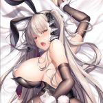  1girl animal_ears azur_lane bangs bare_shoulders black_hairband black_leotard blush breasts bridal_gauntlets bunny_ears bunny_tail bunnysuit eyebrows_visible_through_hair fake_animal_ears fake_tail formidable_(azur_lane) grey_hair hairband large_breasts leotard long_hair looking_at_viewer looking_back lying nipple_slip nipples on_stomach open_mouth pupupu_(1053378452) red_eyes ribbon solo tail tearing_up twintails two-tone_ribbon very_long_hair 