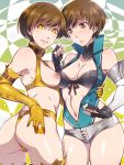  2girls abstract_background arm_around_waist ass bangs bare_shoulders bikini bikini_under_clothes black_bikini black_gloves blue_leotard blush breastless_clothes breasts brown_hair buckle cleavage closed_mouth collar cowboy_shot dark_persona dual_persona earrings elbow_gloves em eyebrows_visible_through_hair fingernails frown full-length_zipper gloves grey_shorts high-cut_armor highres jewelry leotard looking_at_viewer looking_back medium_breasts multiple_girls navel nipple_bar nipple_piercing nipples open_clothes parted_lips persona persona_4 piercing satonaka_chie shadow_(persona) shadow_chie short_shorts shorts smiley_face smug stud_earrings swept_bangs swimsuit thighs yellow_bikini yellow_eyes yellow_gloves zipper 