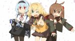  3girls :d animal_ears aogisa arawi_keiichi_(style) black_gloves blonde_hair blue_hair brown_eyes brown_hair camouflage digital_media_player earphones fang girls_frontline gloves green_eyes hairband highres hyadain_no_kakakata_kataomoi_-_c id_card ipod long_hair multiple_girls nichijou open_mouth pantyhose parody pleated_skirt red-framed_eyewear red_eyes s.a.t.8_(girls_frontline) shorts shorts_under_skirt skirt smile style_parody thunder_(girls_frontline) type_88_(girls_frontline) v-shaped_eyebrows white_background 