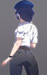  1girl arm_at_side ass belt black_pants blue_hair blue_headwear bra cowboy_shot em facing_away from_behind grey_background pants pantylines persona persona_4 shirogane_naoto shirt short_sleeves simple_background solo underwear white_shirt wristband 