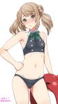  1girl bikini black_bikini blush breasts brown_eyes brown_hair clenched_hand double_bun groin hand_on_hip innertube kantai_collection katou_techu looking_at_viewer michishio_(kantai_collection) navel simple_background solo swimsuit twintails twitter_username white_background 