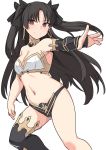  1girl armlet asymmetrical_legwear asymmetrical_sleeves bangs black_bikini_bottom black_bow black_hair blush bow breasts bridal_gauntlets cleavage detached_sleeves earrings fate/grand_order fate_(series) hair_bow hoop_earrings ishtar_(fate/grand_order) jewelry long_hair looking_at_viewer medium_breasts navel neck_ring outstretched_arm parted_bangs red_eyes shiseki_hirame simple_background single_detached_sleeve single_thighhigh smile solo thighhighs thighs tiara two_side_up white_background white_bikini_top 