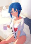  1girl akatsu bangs bed between_legs blue_eyes blue_hair blush bottomless bra bra_removed breasts ciel coffee collarbone condom_wrapper cup glasses groin hair_intakes hand_between_legs hand_up head_tilt heart heart_print highres holding holding_cup indoors looking_at_viewer medium_breasts naked_shirt on_bed parted_bangs pillow print_shirt revision round_eyewear shirt shirt_tug short_hair short_sleeves sidelocks sitting smile solo steam tsukihime underwear 