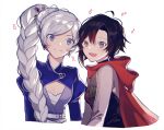  2girls alternate_costume blue_eyes braided_ponytail cleavage_cutout cloak commentary ecru highres hood hooded_cloak long_hair multiple_girls ponytail red_hair ruby_rose rwby scar scar_across_eye short_hair silver_eyes smile weiss_schnee white_hair 