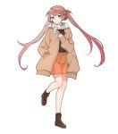  1girl alternate_costume asagumo_(kantai_collection) bow casual commentary_request full_body hair_bow hand_in_pocket jacket kantai_collection long_hair long_sleeves looking_at_viewer orange_bow orange_shorts shakemi_(sake_mgmgmg) shorts simple_background solo standing standing_on_one_leg twintails white_background white_neckwear 