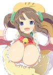  1girl animal_backpack bad_id bad_twitter_id bell blue_eyes bracelet breasts brown_hair choker cleavage dress fang from_above green_choker jewelry jingle_bell large_breasts long_hair looking_at_viewer looking_up minori_(senran_kagura) open_mouth outstretched_arms ring_hair_ornament senran_kagura senran_kagura_shinovi_versus shiny shiny_skin simple_background smile solo spread_arms striped striped_legwear tottotonero twintails white_background yellow_dress 
