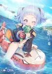  1girl azur_lane bangs bird blue_hair blunt_bangs breasts child copyright_name gloves highres long_sleeves looking_at_viewer ocean official_art one_eye_closed open_mouth red_eyes riding seagull short_hair short_twintails sinomi small_breasts smile solo spread_legs swimsuit twintails u-556_(azur_lane) v-shaped_eyebrows water water_gun wet 