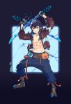  1boy abs artist_name bangs belt blue_hair blue_pants brown_jacket chest clash crack cyborg dual_wielding explosive fanny_pack fighting_stance full_body gradient_hair green_eyes grenade grin hands_up hashibira_inosuke highres holding holding_sword holding_weapon jacket kimetsu_no_yaiba legs_apart long_sleeves looking_at_viewer lulu_yang male_focus mechanical_hands mechanical_legs mechanical_parts multicolored_hair navel no_mask open_clothes open_jacket pants science_fiction see-through short_hair smile solo spikes standing sword weapon 