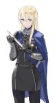  1girl black_legwear blonde_hair blue_cape blue_eyes cape closed_mouth dagger dimitri_alexandre_blaiddyd fire_emblem fire_emblem:_three_houses garreg_mach_monastery_uniform genderswap genderswap_(mtf) highres holding holding_dagger holding_weapon kisetsu long_hair pantyhose simple_background solo uniform weapon white_background 