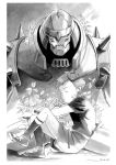  2017 2boys alphonse_elric ankle_boots armor backlighting black_legwear black_shirt boots border clenched_hands closed_eyes crossed_arms dated dual_persona expressionless fingernails full_armor full_body fullmetal_alchemist gradient gradient_background grey_background greyscale helmet highres leaf male_focus monochrome multiple_boys parted_lips plant shaded_face shirt short_sleeves shorts simple_background sitting socks sona_(mmediocreman) time_paradox white_background white_border 