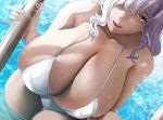  1girl breasts cleavage commentary_request curvy dutch_angle gigantic_breasts hair_over_one_eye heart heart-shaped_pupils highres idolmaster idolmaster_(classic) kumako_(kumakonoh) lens_flare_abuse lips parted_lips pinky_out pool pool_ladder poolside red_eyes shijou_takane silver_hair skindentation smile solo spaghetti_strap strap_gap swimsuit symbol-shaped_pupils wet white_swimsuit 