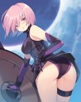  1girl armor armored_dress ass bare_shoulders black_leotard blue_sky blush breasts elbow_gloves fate/grand_order fate_(series) gloves hair_over_one_eye highleg highleg_leotard large_breasts lavender_hair leotard looking_at_viewer looking_back mash_kyrielight open_mouth purple_eyes purple_gloves shield short_hair sky solo thigh_strap thighs yura_(botyurara) 