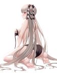  1girl absurdres ass azur_lane bangs bare_shoulders black_bra blush bra breasts closed_mouth covering covering_one_breast eyebrows_visible_through_hair feet formidable_(azur_lane) frilled_bra frills grey_hair hair_ribbon highres junkt729 large_breasts long_hair looking_at_viewer looking_back red_eyes ribbon ribs sideboob simple_background sitting soles solo swimsuit thighs toes twintails two-tone_ribbon underwear untied_bra very_long_hair wariza white_background 