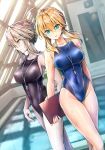  2girls ahoge aqua_eyes arms_at_sides artoria_pendragon_(all) artoria_pendragon_(lancer) artoria_pendragon_(lancer_alter) bangs black_swimsuit blonde_hair blue_eyes blue_swimsuit braid breasts clipboard commentary_request competition_swimsuit covered_navel covered_nipples cowboy_shot crown_braid dutch_angle eyebrows_visible_through_hair fate/grand_order fate_(series) groin hair_between_eyes holding holding_clipboard indoors kotatsu_(kotatsu358) large_breasts long_hair multiple_girls one-piece_swimsuit pale_skin pool profile rei_no_pool sideboob sidelocks silver_hair standing swept_bangs swimsuit wet whistle whistle_around_neck yellow_eyes 