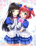  2girls bangs black_hair blue_skirt blunt_bangs bow bowtie closed_mouth commentary_request eyebrows_visible_through_hair frilled_shirt frills gloves green_eyes hair_ornament hairclip hand_on_another&#039;s_waist hat holding_hands kurosawa_dia kurosawa_ruby long_hair love_live! love_live!_sunshine!! medium_hair mini_hat miniskirt mole mole_under_mouth multiple_girls one_eye_closed open_mouth ozawa_yuu pink_neckwear plaid plaid_skirt pleated_skirt puffy_short_sleeves puffy_sleeves red_hair red_neckwear shirt short_sleeves siblings sisters skirt two_side_up white_gloves 