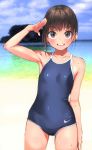  1girl :d absurdres amego arm_up bangs beach black_hair blue_sky blue_swimsuit blurry blush breasts brown_eyes brown_hair cloud collarbone competition_school_swimsuit cowboy_shot day depth_of_field dripping highres horizon logo looking_at_viewer nike ocean one-piece_swimsuit open_mouth original outdoors round_teeth salute school_swimsuit shiny shiny_clothes shiny_skin short_hair sky small_breasts smile solo standing swimsuit teeth upper_teeth wet wet_hair 